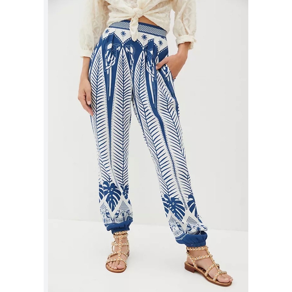 Farm Rio Tropez Jogger Pants Women L Blue Good Tropical Linen Blend Resortwear